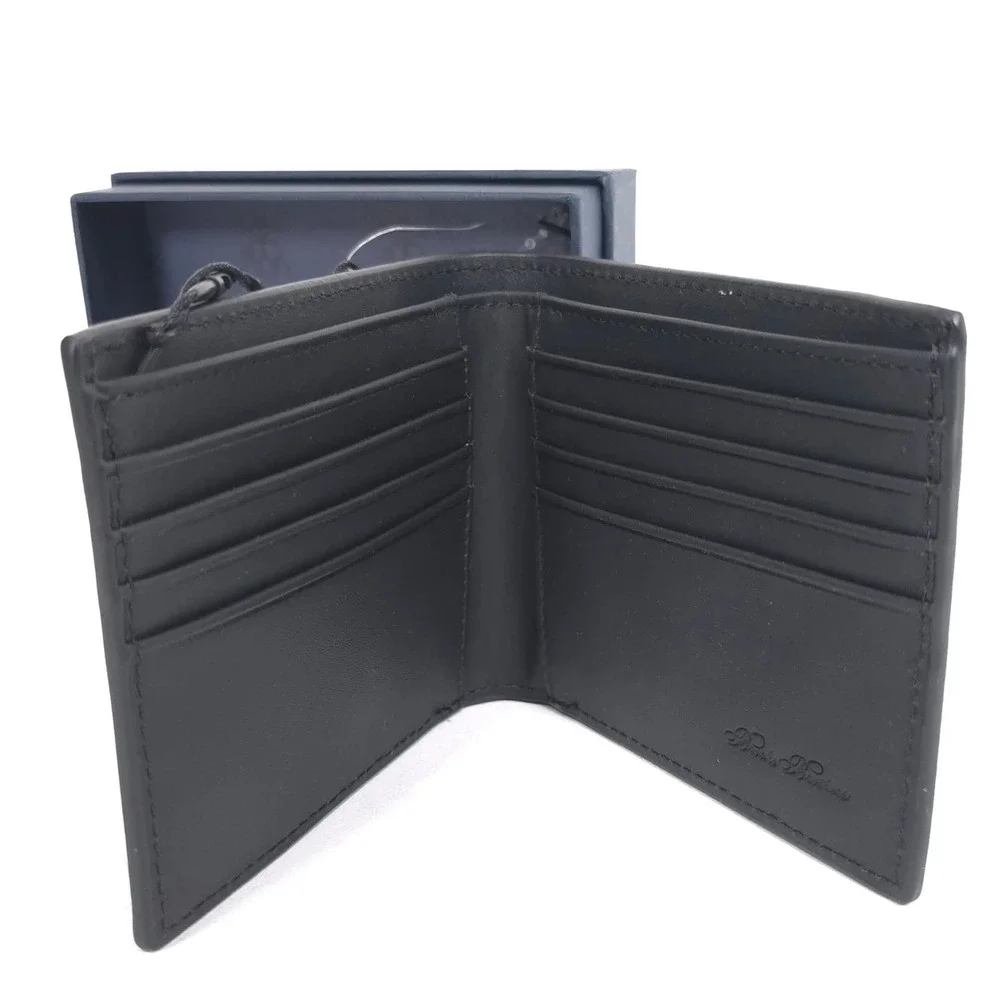 BROOKS BROTHERS Mens New Wallet Black Leather Bifold Card Slots Logo Gift Box
